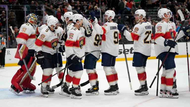 The Florida Panthers celebrate a 2-1 win over the Anaheim Ducks in an NHL hockey game. (Ashley Landis/AP)