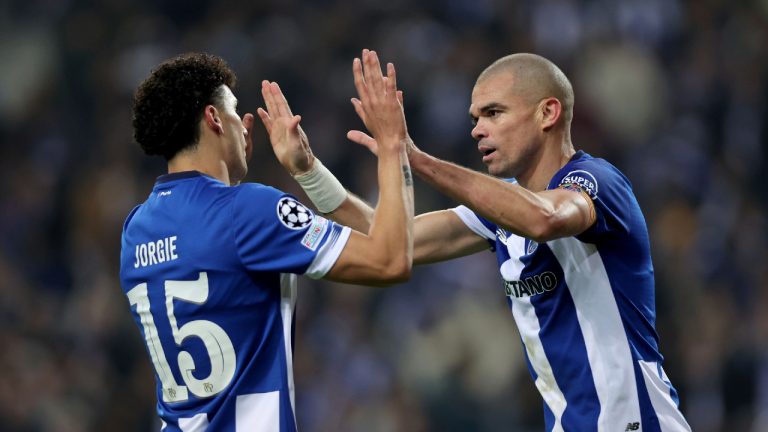 Porto's Pepe celebrates scoring his side's second goal during a Champions League group H soccer match between Porto and Antwerp at Estadio do Dragao in Porto, Portugal, Tuesday, Nov. 7, 2023. (Miguel Pereira/AP)