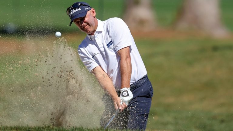 Cameron Percy hits from the sand on the third hole during the first round of the Valspar Championship golf tournament Thursday, March 16, 2023, at Innisbrook in Palm Harbor, Fla. (Mike Carlson/AP)