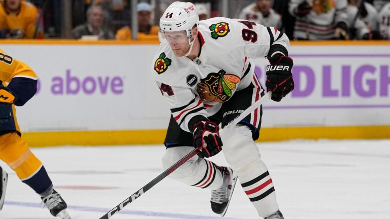 Chicago Blackhawks right wing Corey Perry (94) plays during the first period of an NHL hockey game against the Nashville Predators, Saturday, Nov. 18, 2023, in Nashville, Tenn. (George Walker IV/AP Photo)