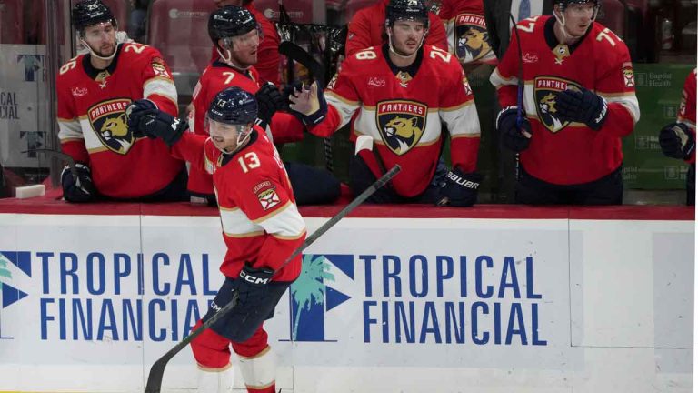 Florida Panthers center Sam Reinhart (13) celebrates a goal against the Chicago Blackhawks with teammates during the second period of an NHL hockey game. (Jim Rassol/AP)