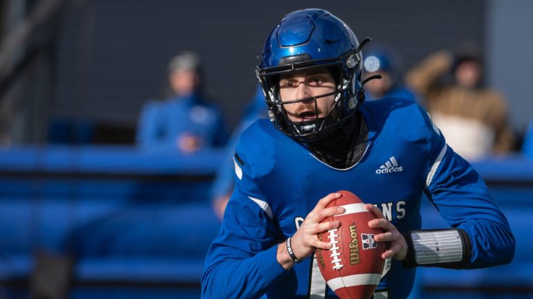 Montreal Carabins quarterback Jonathan Senecal runs with the ball during the first half of the 2023 Uteck Bowl against the Western Mustangs in Montreal ,Saturday Nov. 18, 2023. (Peter McCabe/CP)