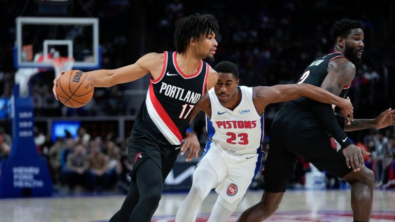 Portland Trail Blazers guard Shaedon Sharpe (17) drives on Detroit Pistons guard Jaden Ivey (23) in the first half of an NBA basketball game in Detroit, Wednesday, Nov. 1, 2023. (Paul Sancya/AP Photo)