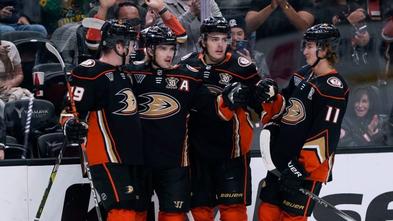 Anaheim Ducks right wing Troy Terry, second from left, celebrates his goal against the Arizona Coyotes with left wing Max Jones,center Leo Carlsson, and center Trevor Zegras, from left, during the first period of an NHL hockey game Wednesday, Nov. 1, 2023, in Anaheim, Calif. (Ryan Sun/AP Photo)