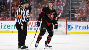 Ottawa Senators left wing Brady Tkachuk (7) goes to the penalty box during the first period of an NHL hockey game. (Noah K. Murray/AP)