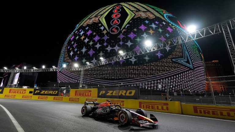 Red Bull driver Max Verstappen, of the Netherlands, drives past the Sphere during the Formula One Las Vegas Grand Prix auto race, Saturday, Nov. 18, 2023, in Las Vegas. (Nick Didlick/AP)