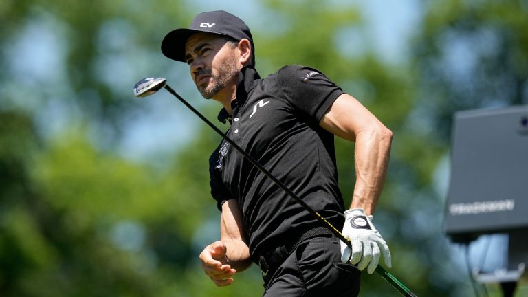 Camilo Villegas, of Colombia, watches his drive on the ninth hole during the second round of the Memorial golf tournament Friday, June 3, 2022, in Dublin, Ohio. (Darron Cummings/AP Photo)