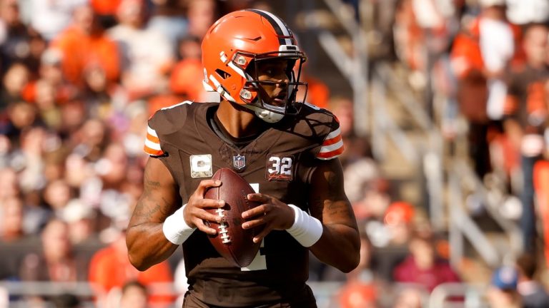 Cleveland Browns quarterback Deshaun Watson (4) looks to throw the ball during an NFL football game against the Arizona Cardinals, Sunday, Nov. 5, 2023, in Cleveland. (Kirk Irwin/AP)