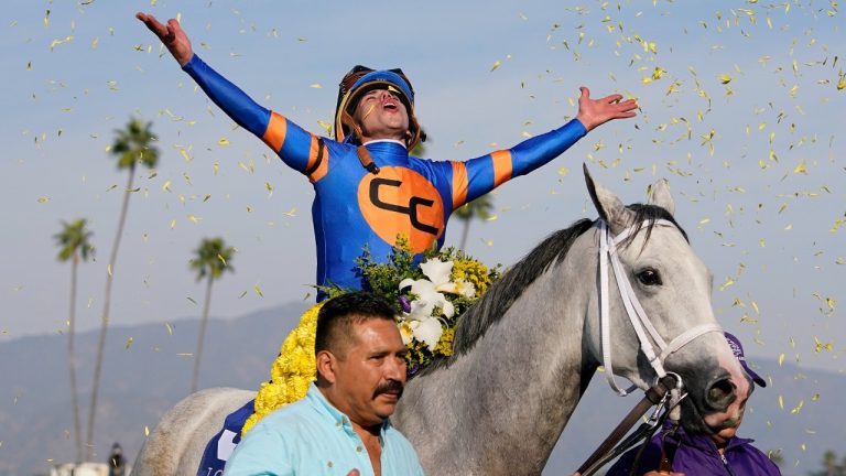 Irad Ortiz Jr. rides White Abarrio as he celebrates after winning the Breeders' Cup Classic horse race Saturday, Nov. 4, 2023, at Santa Anita Park in Arcadia, Calif. (Ashley Landis/AP)