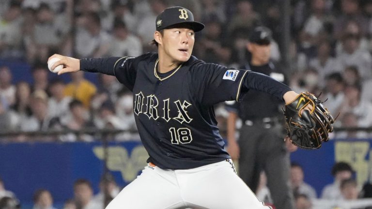 Japanese pitcher Yoshinobu Yamamoto of the Orix Buffaloes pitches against the Lotte Marines in Chiba, east of Tokyo, Saturday, Sept. 9, 2023. Yamamoto has pitched a no-hit game for his Japanese club. (Kyodo News via AP)