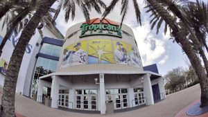 In this image taken with a fisheye lens, Tropicana Field, the home of the Tampa Bay Rays, is shown Thursday, March 26, 2020, in St. Petersburg, Fla. (AP Photo/Chris O'Meara, File)