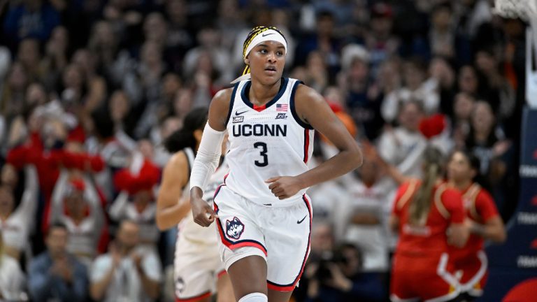 UConn forward Aaliyah Edwards in the first half of an NCAA college basketball game against Maryland, Thursday, Nov. 16, 2023, in Storrs, Conn. (AP)