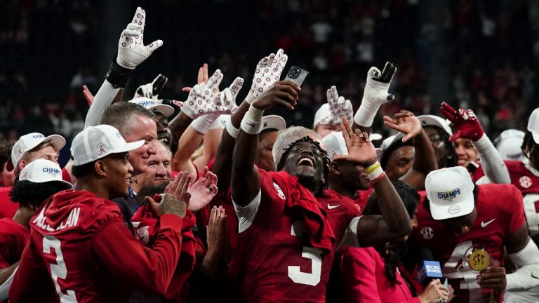 Alabama celebrates after a win against Georgia after the Southeastern Conference championship NCAA college football game in Atlanta, Saturday, Dec. 2, 2023. (John Bazemore/AP)