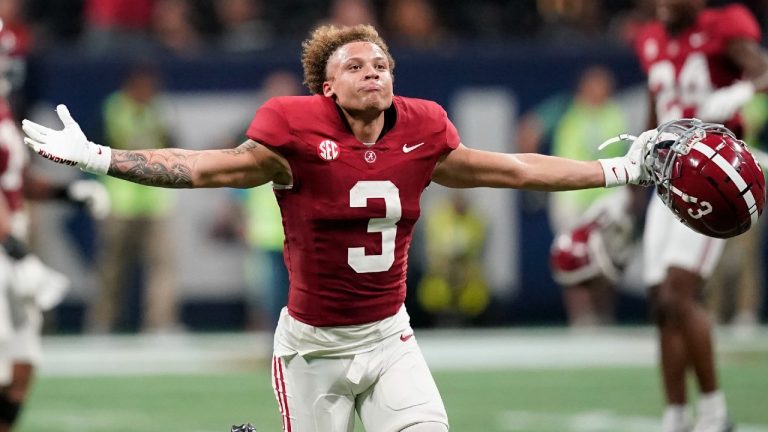 Alabama wide receiver Jermaine Burton (3) celebrates after a win against Georgia after the Southeastern Conference championship NCAA college football game in Atlanta, Saturday, Dec. 2, 2023. (Mike Stewart/AP)