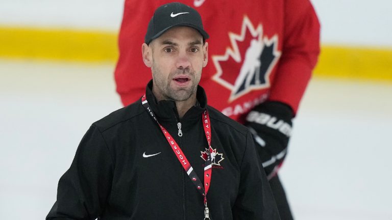 Canada's head coach Alan Letang runs a practice during the Canadian World Juniors selection camp in Oakville, Ont., on Monday, December 11, 2023. (Nathan Denette/CP)