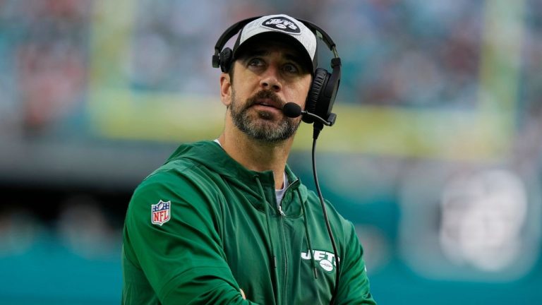 New York Jets quarterback Aaron Rodgers looks up during the second half of an NFL football game against the Miami Dolphins, Sunday, Dec. 17, 2023, in Miami Gardens, Fla. (Lynne Sladky/AP Photo)