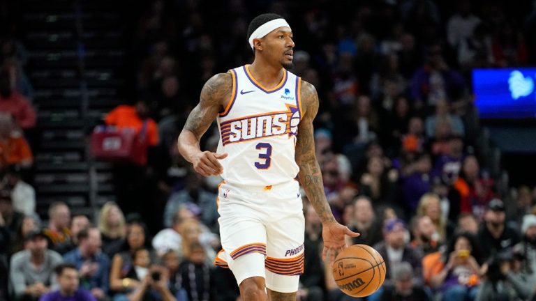 Phoenix Suns guard Bradley Beal (3) moves the ball up court against the Brooklyn Nets. (Matt York/AP)