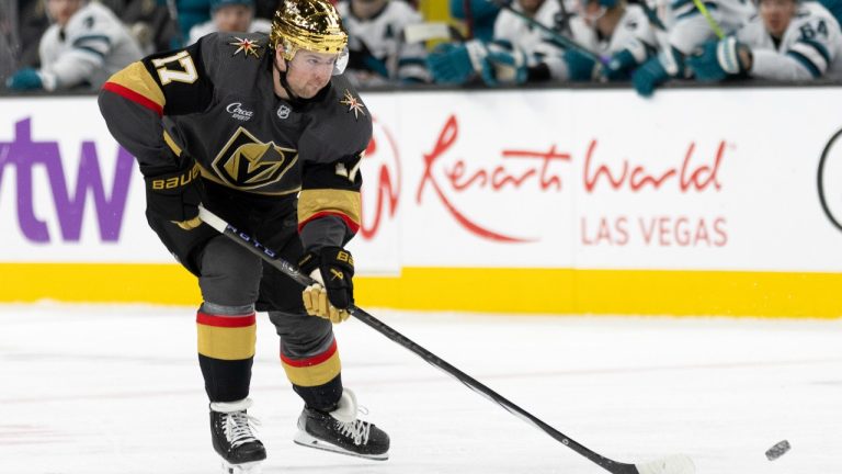 Vegas Golden Knights defenceman Ben Hutton passes the puck up the ice during the second period of an NHL hockey game against the San Jose Sharks Sunday, Dec. 10, 2023, in Las Vegas. (Ellen Schmidt/AP)