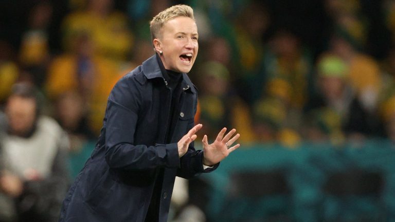 Canada's head coach Bev Priestman gestures during the Women's World Cup Group B soccer match between Australia and Canada in Melbourne, Australia, Monday, July 31, 2023. (AP Photo/Hamish Blair)