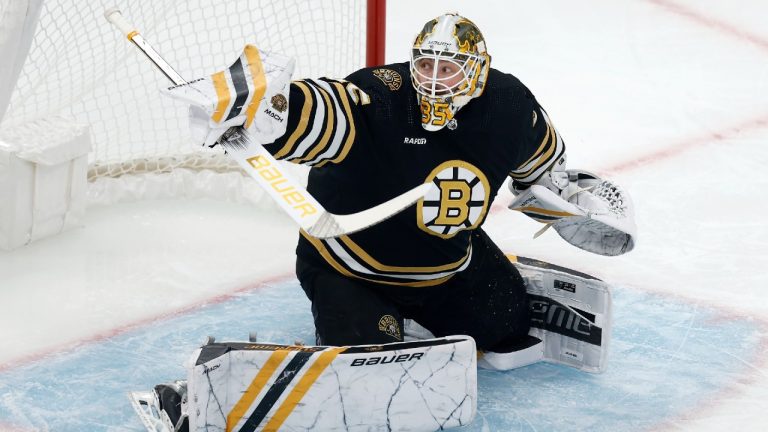 Boston Bruins' Linus Ullmark plays against the Anaheim Ducks during the first period of an NHL hockey game, Thursday, Oct. 26, 2023, in Boston. (Michael Dwyer/AP)