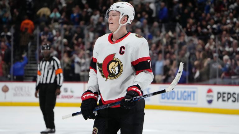 Ottawa Senators left wing Brady Tkachuk reacts as time runs out in the team's NHL hockey game against the Colorado Avalanche on Thursday, Dec. 21, 2023, in Denver. (David Zalubowski/AP)