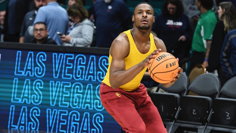 Southern California guard Bronny James warms up before an NCAA college basketball game against Gonzaga Saturday, Dec. 2, 2023, in Las Vegas. (Sam Morris/AP)