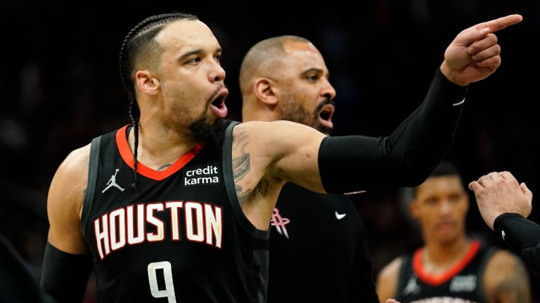 Houston Rockets' Dillon Brooks (9) yells to an official after being ejected during the second half of an NBA basketball game against the Milwaukee Bucks. (Aaron Gash/AP)