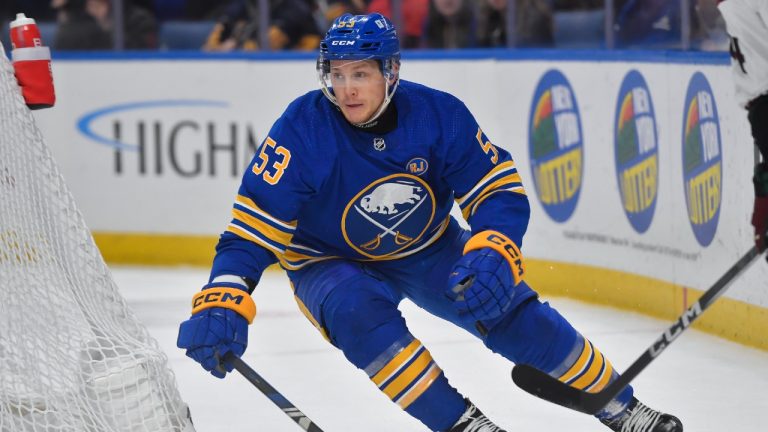 Buffalo Sabres left wing Jeff Skinner (53) skates during the second period of an NHL hockey game against the Arizona Coyotes in Buffalo, N.Y., Monday, Dec. 11, 2023. (Adrian Kraus/AP)