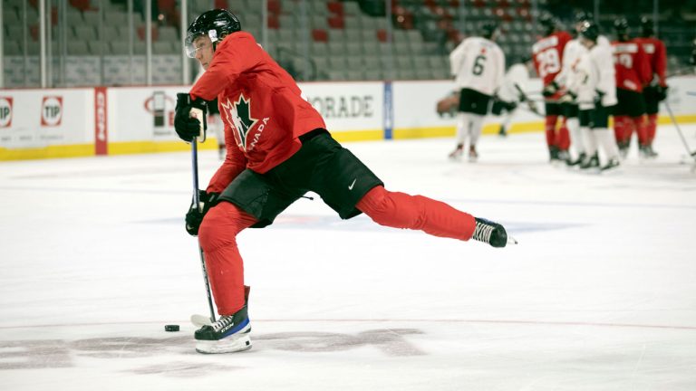 Owen Beck shoots during the Canadian World Junior Hockey Championships selection camp in Moncton, N.B., Friday, December 9, 2022. (Ron Ward/CP)