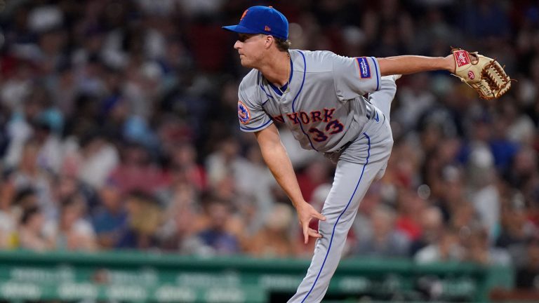 New York Mets' Trevor Gott follows through on a pitch to a Boston Red Sox batter in the fifth inning of a baseball game, Sunday, July 23, 2023, in Boston. (Steven Senne/AP)