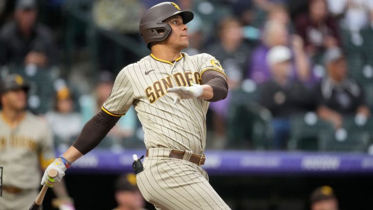 San Diego Padres' Juan Soto flies out against Colorado Rockies starting pitcher Peter Lambert in the first inning of a baseball game Tuesday, Aug. 1, 2023, in Denver. (David Zalubowski/AP)