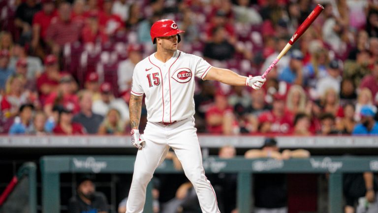 Cincinnati Reds' Nick Senzel (15) bats during a baseball game against the Miami Marlins Monday, Aug. 7, 2023, in Cincinnati. (Jeff Dean/AP)