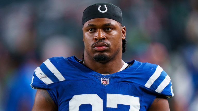 Indianapolis Colts defensive end Al-Quadin Muhammad (97) looks on following the NFL preseason football game against the Philadelphia Eagles, Thursday, Aug. 24, 2023, in Philadelphia. (AP Photo/Chris Szagola) 