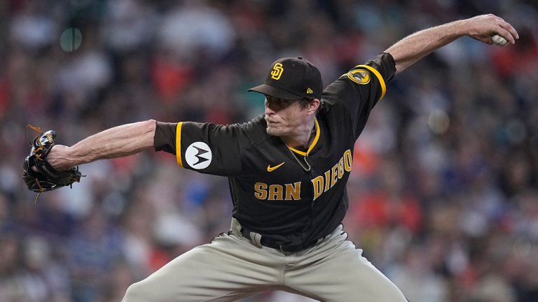 San Diego Padres relief pitcher Tim Hill delivers during the sixth inning of a baseball game against the Houston Astros, Sunday, Sept. 10, 2023, in Houston. (Kevin M. Cox/AP)