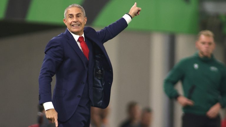 Albania's head coach Sylvinho gives instructions from the side line during the Euro 2024 group E qualifying soccer match between Albania and Czech Republic at Air Albania stadium in Tirana, Albania, Thursday, Oct. 12, 2023. (AP Photo/Franc Zhurda)