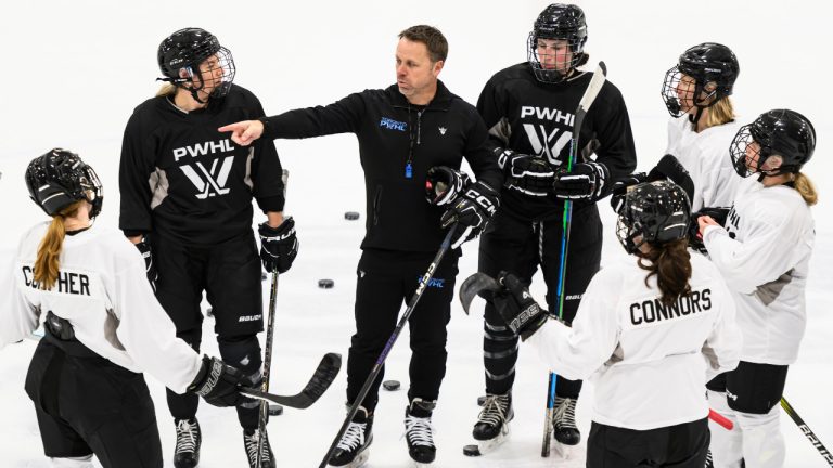 Troy Ryan, head coach of Toronto’s PWHL squad, speaks to players during the Professional Women's Hockey League’s training camp in Toronto, Friday, Nov., 17, 2023. (Christopher Katsarov/CP)