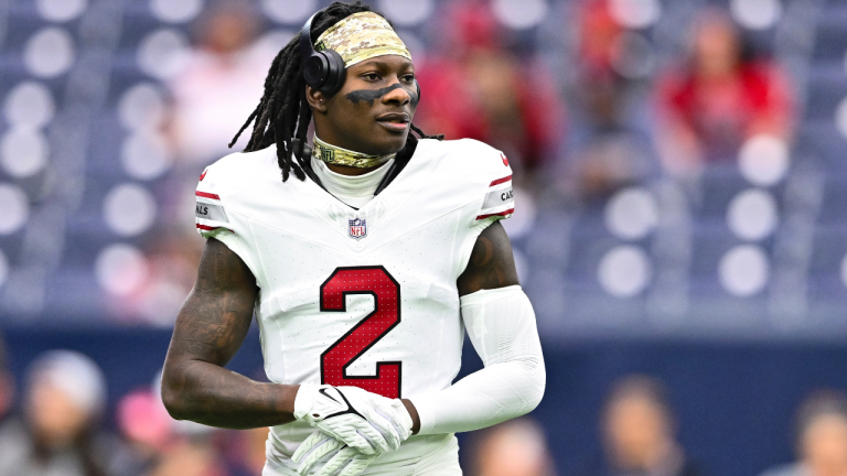 Arizona Cardinals wide receiver Marquise Brown (2) looks on prior to an NFL football game against the Houston Texans, Sunday, Nov 19, 2023, in Houston. (AP Photo/Maria Lysaker)