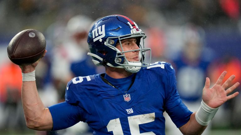 New York Giants quarterback Tommy DeVito (15) passes against the New England Patriots during the fourth quarter of an NFL football game, Sunday, Nov. 26, 2023, in East Rutherford, N.J. (Seth Wenig/AP)