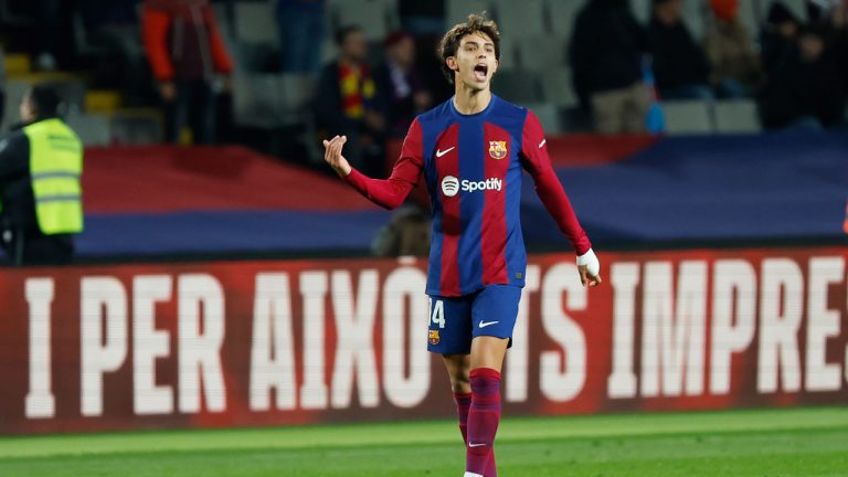 Spain Soccer La Liga
Barcelona's Joao Felix celebrates after scoring the opening goal during the Spanish La Liga soccer match between Barcelona and Atletico Madrid at the Olimpic Lluis Companys stadium in Barcelona, Spain, Sunday, Dec. 3, 2023. (Joan Monfort/AP)