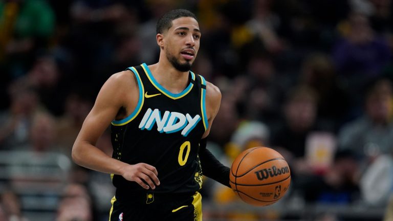 Indiana Pacers' Tyrese Haliburton dribbles during the second half of an NBA basketball game against the Orlando Magic, Saturday, Dec. 23, 2023, in Indianapolis. (Darron Cummings/AP)