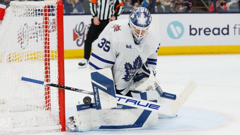 Toronto Maple Leafs' Ilya Samsonov makes a save against the Columbus Blue Jackets during the second period of an NHL hockey game Friday, Dec. 29, 2023, in Columbus, Ohio. (AP)