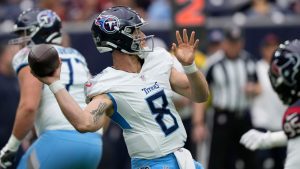 Tennessee Titans quarterback Will Levis (8) looks to throw a pass during the first half of an NFL football game against the Houston Texans, Sunday, Dec. 31, 2023, in Houston. (David J. Phillip/AP)