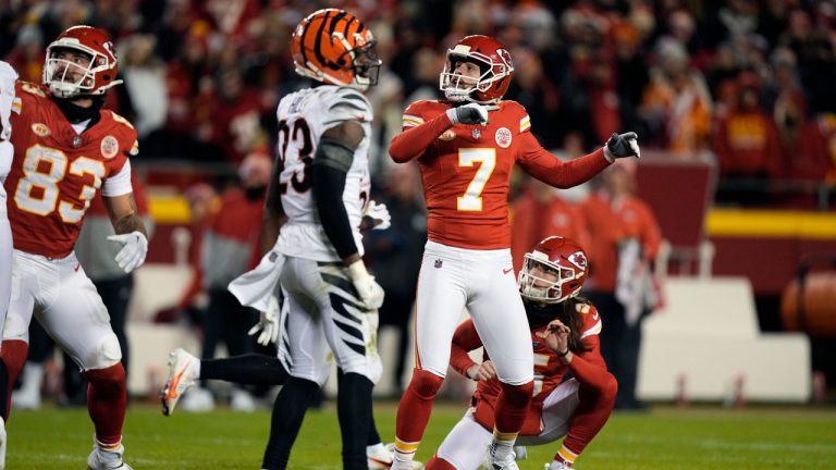 Kansas City Chiefs place-kicker Harrison Butker (7) watches his 48-yard field goal during the second half of an NFL football game against the Cincinnati Bengals Sunday, Dec. 31, 2023, in Kansas City, Mo. (Charlie Riedel/AP)