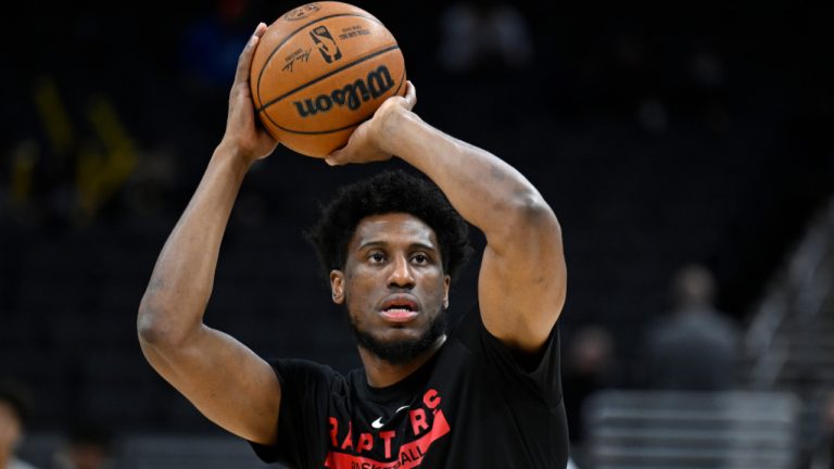 Toronto Raptors forward Thaddeus Young warms up before an NBA basketball game against the Indiana Pacers, Saturday, Nov. 12, 2022, in Indianapolis, Ind. (Marc Lebryk/AP) 