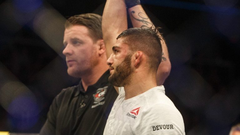 Arman Tsarukyan is declared winner over Oliver Aubin-Mercier during UFC 240, in Edmonton on Saturday, July 27, 2019. (CP)