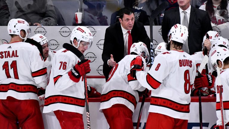 Carolina Hurricanes head coach Rod Brind'Amour instructs his players as they play the Winnipeg Jets during third period NHL action in Winnipeg on Monday December 4, 2023. (CP)