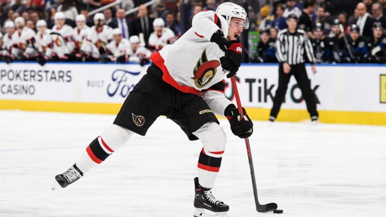 Ottawa Senators defenceman Thomas Chabot (72) shoots on Toronto Maple Leafs goaltender Ilya Samsonov (35) during first period NHL hockey action. (Christopher Katsarov/CP)