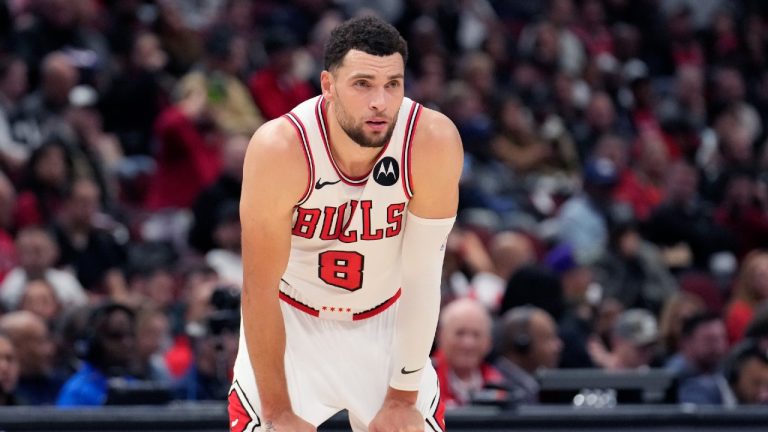 Chicago Bulls' Zach LaVine waits for play to resume during an NBA basketball game against the Utah Jazz on Monday, Nov. 6, 2023, in Chicago. (Charles Rex Arbogast/AP)