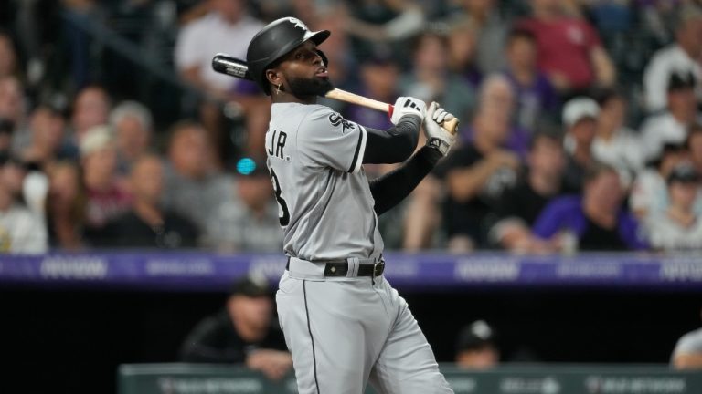 Chicago White Sox centre fielder Luis Robert Jr. (88) in the sixth inning of a baseball game Friday, Aug. 18, 2023, in Denver. (David Zalubowski/AP)