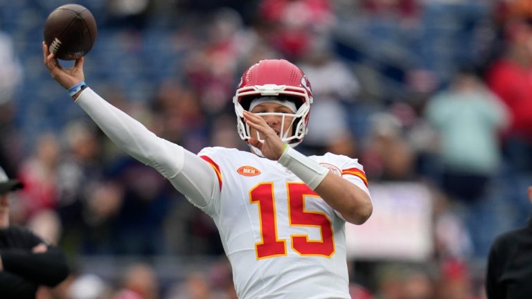 Kansas City Chiefs quarterback Patrick Mahomes (15) warms up prior to an NFL football game against the New England Patriots. (Charles Krupa/AP)